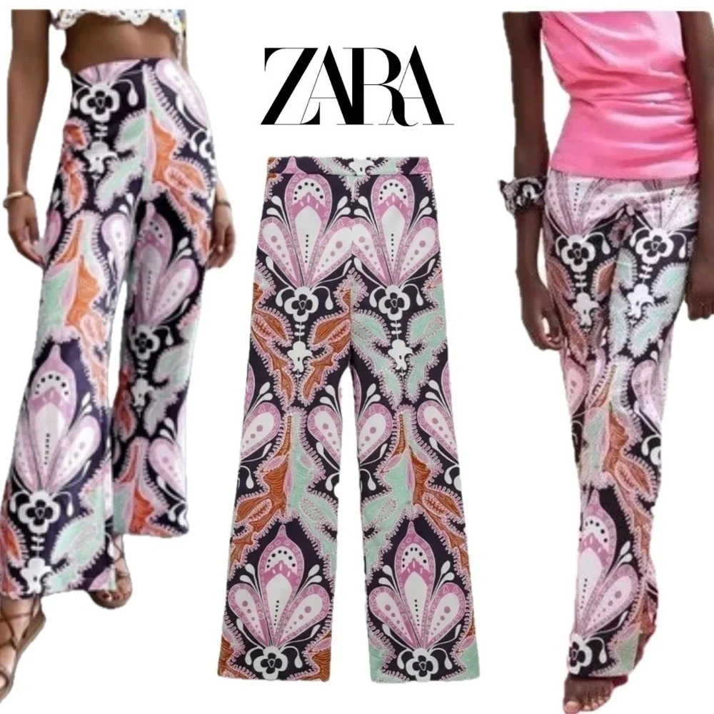 Zara paisley multicoloured printed retro bohemian flare pants - Picture 2 of 14